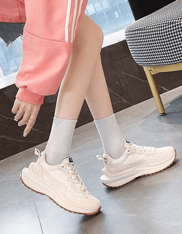 Stylish women's platform sports sneakers in beige suede with lace-up design, perfect for everyday wear, SF0248.